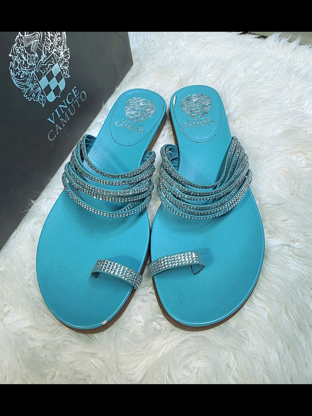 Vince Camuto Turquoise Crystal-Strap Toe-Loop Sandals